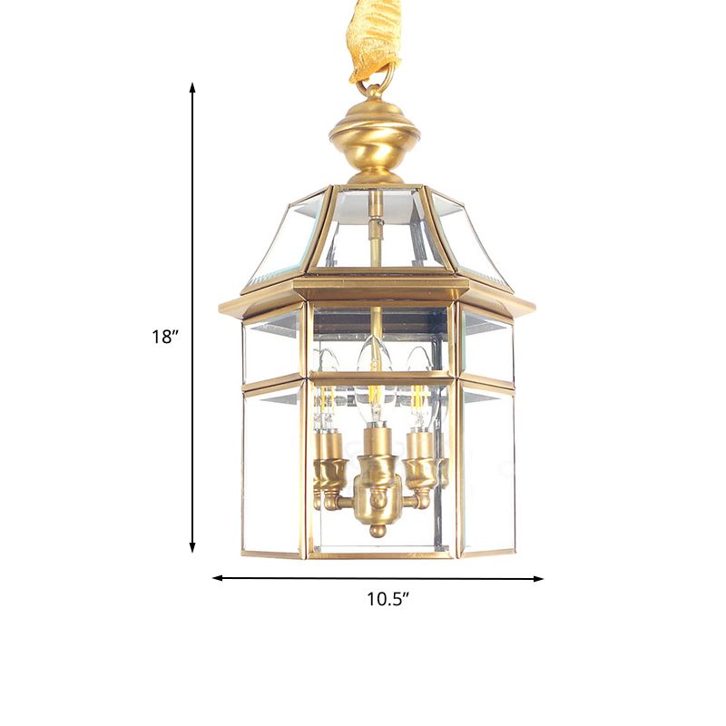 3 Bulbs Cage Ceiling Chandelier Traditional Clear Glass Suspended Lighting Fixture in Brass