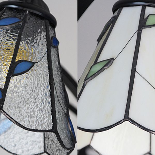 Cône Hanging Light avec design de feuille verte / bleue 6 lumières lustres en vitrail rustique en finition noire