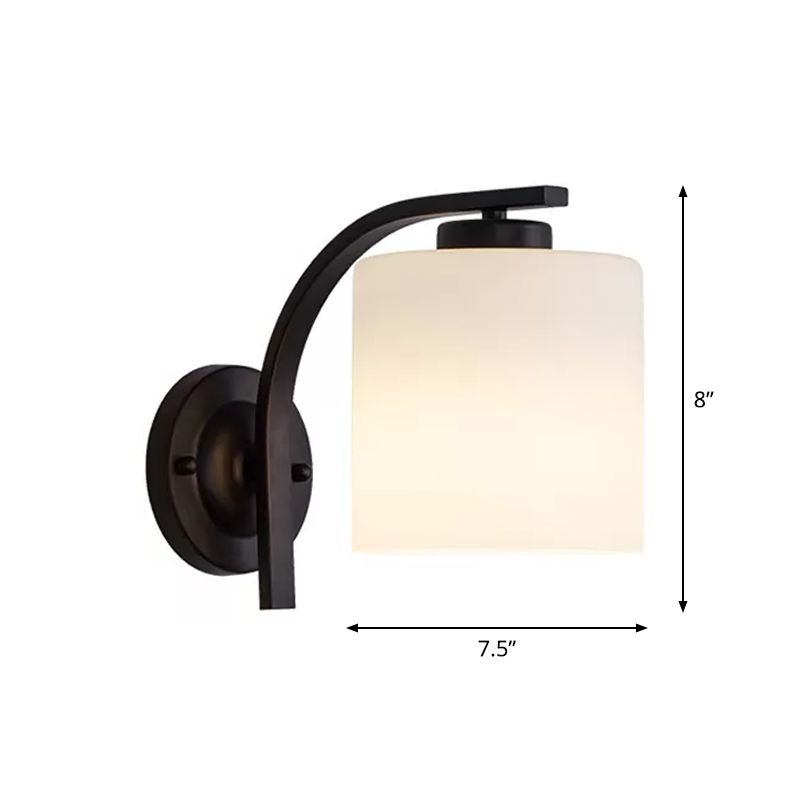 Black 1-Light Wall Sconce Simple Ivory Glass Cylinder Wall Mounted Lamp with Curved Arm