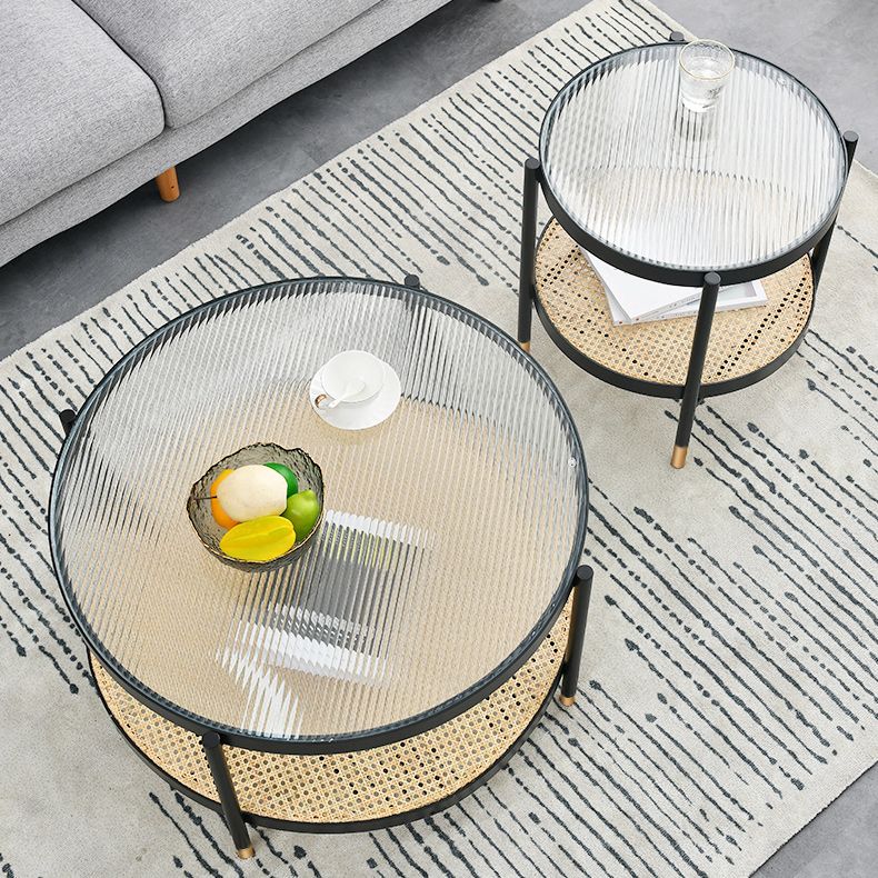Modern Clear Glass Coffee Table with Storage Round 4 Legs Cocktail Table Set
