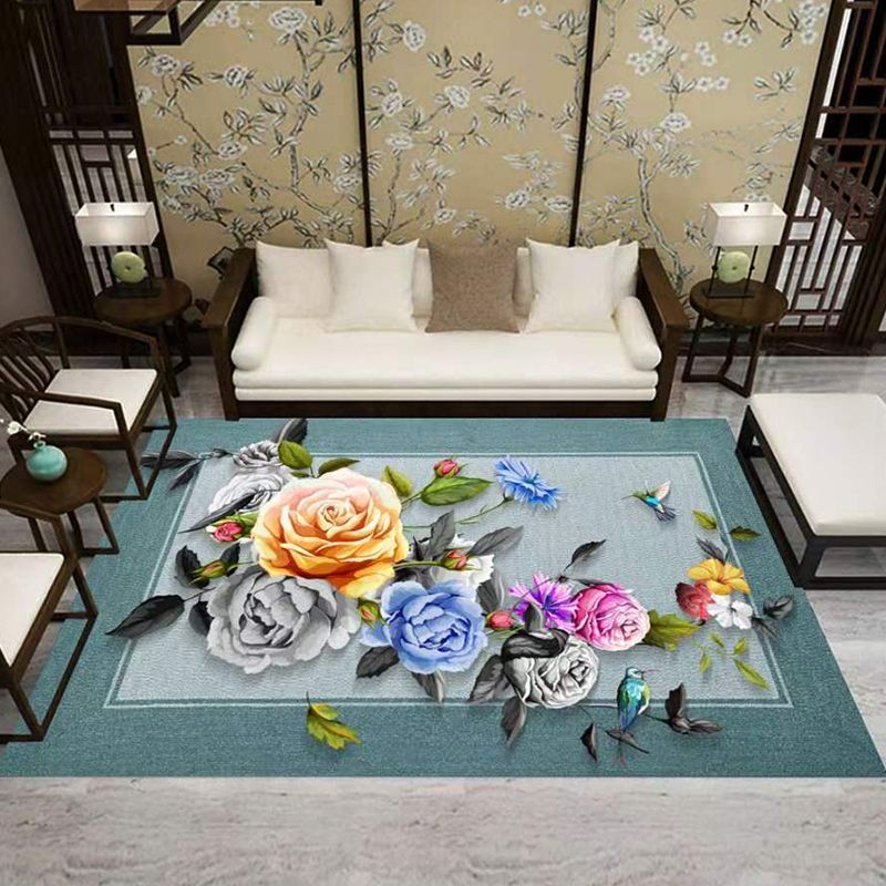 Luxury Living Room Rug Multi Colored Plant Pattern Carpet Polypropylene Machine Washable Anti-Slip Rug
