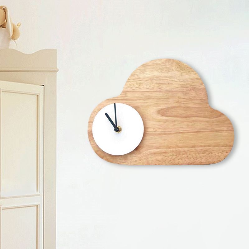 Cartoon Cloud Wood Flush Mount LED Wall Sconce Light with Black/White Clock for Kids Bedside, Warm/White Light