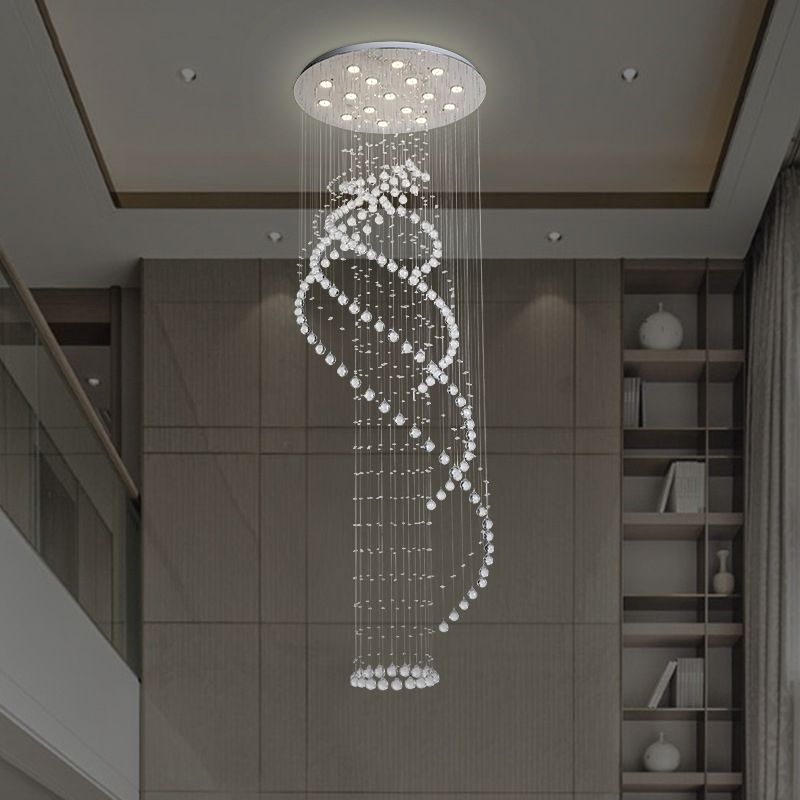 Modernist Spiral LED Ceiling Light 17 Bulbs Clear Crystal Cluster Pendant Lamp in Silver