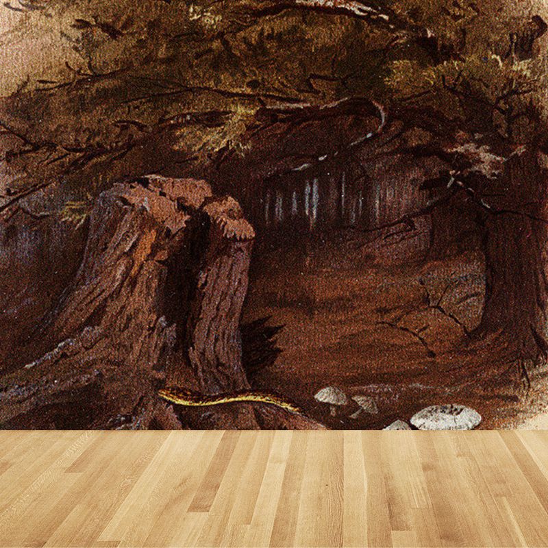 Large Woodland and Bird Mural Wallpaper Modern Luxuriant Forest Wall Decor in Brown