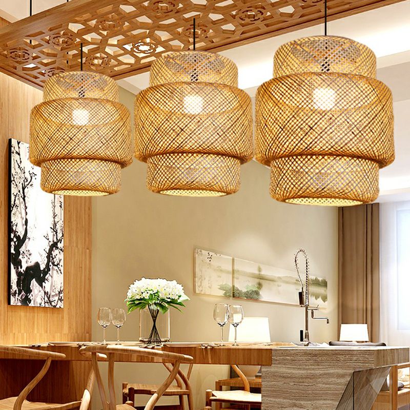 Lantern Ceiling Suspension Lamp Asia Bamboo 1-Light Beige Pendant Lighting for Corridor