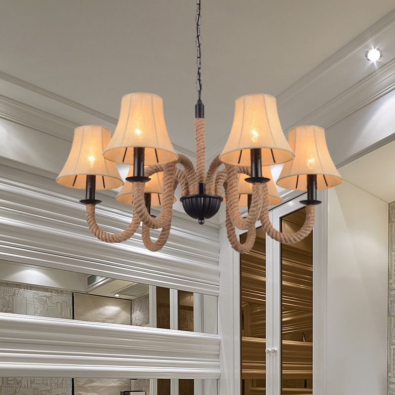 Vintage Curved Arm Ceiling Chandelier 6 Bulbs Rope Hanging Light Fixture in Beige with Empire Fabric Shade