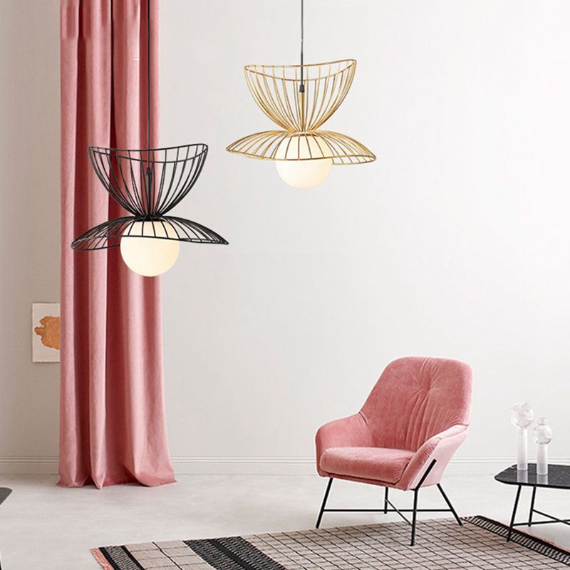 Designer Ball Suspension Lighting White Glass 1-Light Living Room Pendant Light with Wire Cage