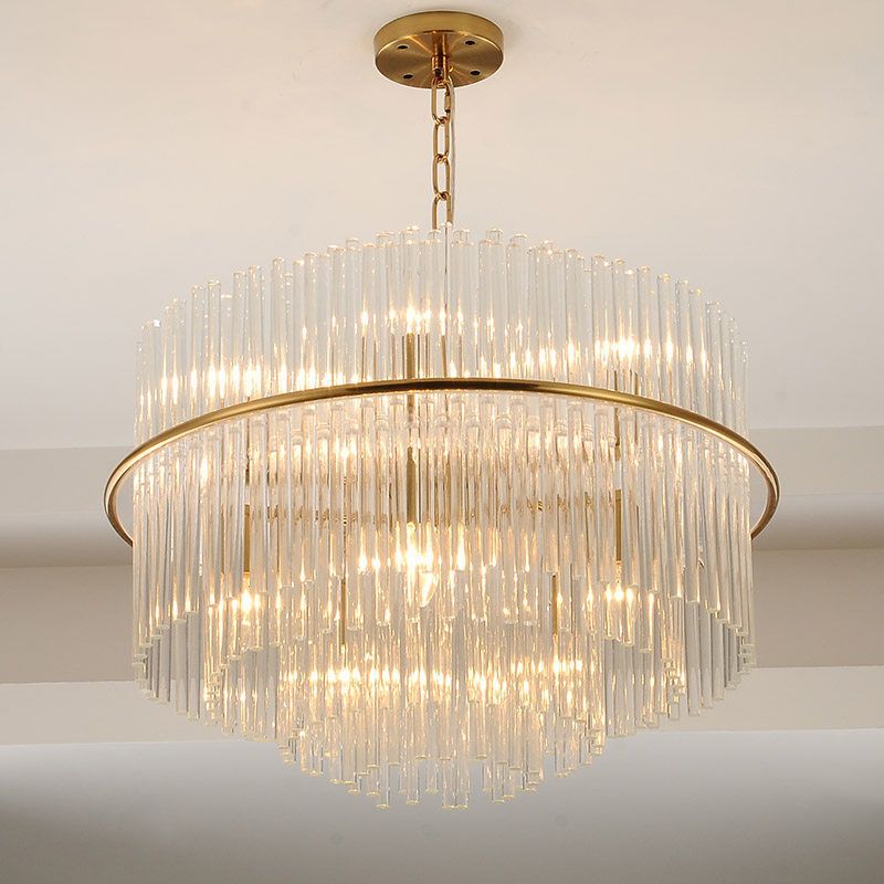 Modernism Tiered Ceiling Chandelier Crystal 9 Heads Pendant Light Fixture in Gold with Metal Chain