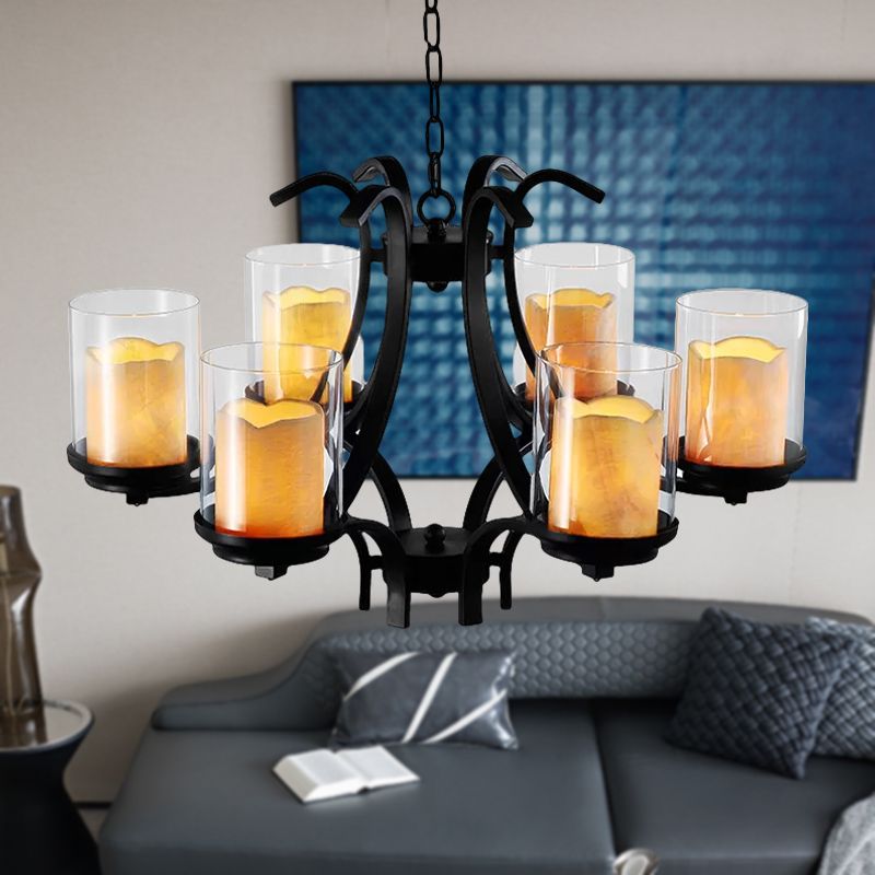 6 Lights Dining Room Ceiling Lamp Country Black Chandelier Light with Cylinder Marble and Clear Glass Shade