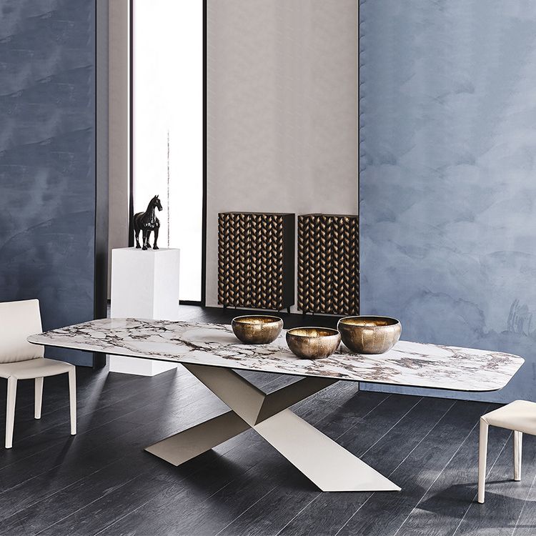 Modern Gray Stone Top Table Metal Base Rectangle Dining Table for Kitchen