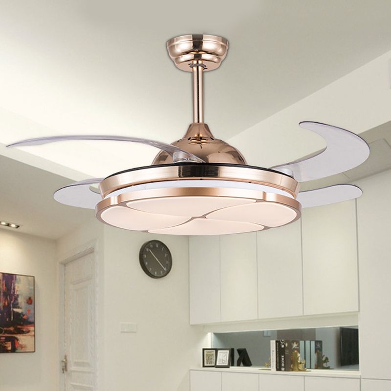 36 "breit goldene LED Hanging Lüfterbeleuchtung Minimalismus Metallring 4 klare Klingen Halbflächen -Deckenlicht für Wohnzimmer, Fern-/Wandsteuerung/Fernbedienung und Wandsteuerung
