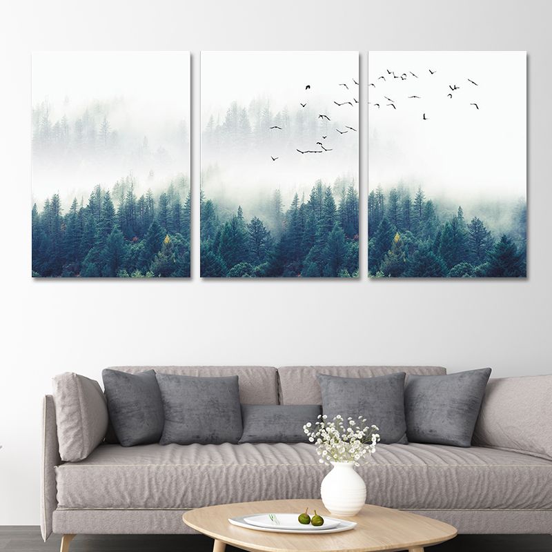 Textured Green Canvas Print Modern Bird Flocks Flying over Misty Forest Wall Art Set