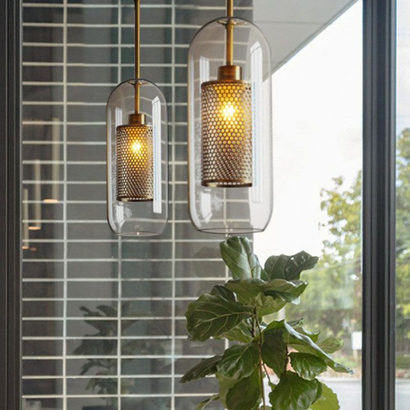 Geometric Clear Glass Pendulum Light Postmodern 1-Light Pendant Lamp with Mesh Guard