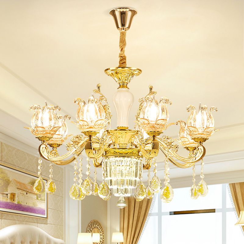 Carved Glass Lotus Shape Hanging Lamp Traditional Bedroom Chandelier with Crystal Accents in Gold