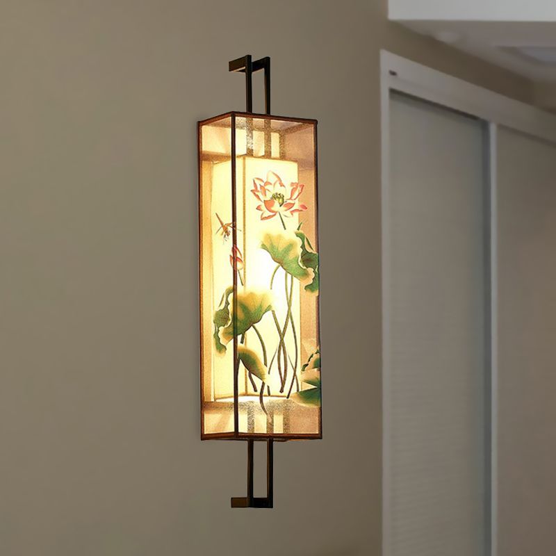 Orientalischer Stil Quaderform geformtes Stoff Wand Licht 2 Köpfe Wandmalblatt in Schwarz mit Lotusblatt/Zweigmuster