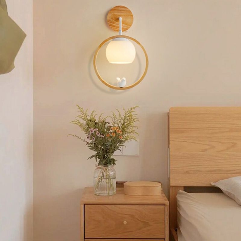 Round Shape Wood Vanity Sconce Light Modern Style 1-Light Vanity Mirror Lights