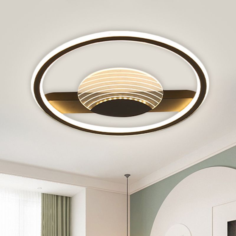 Minimalism Circle and Line Ceiling Lamp Metallic 16"/19.5" W LED Bedroom Flush Mount Fixture in Black/Gold, Warm/White Light