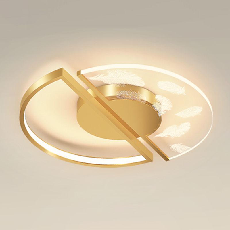 Gold Circular Feather LED Ceiling Light in Modern Luxury Style Acrylic Flush Mount for Bedroom