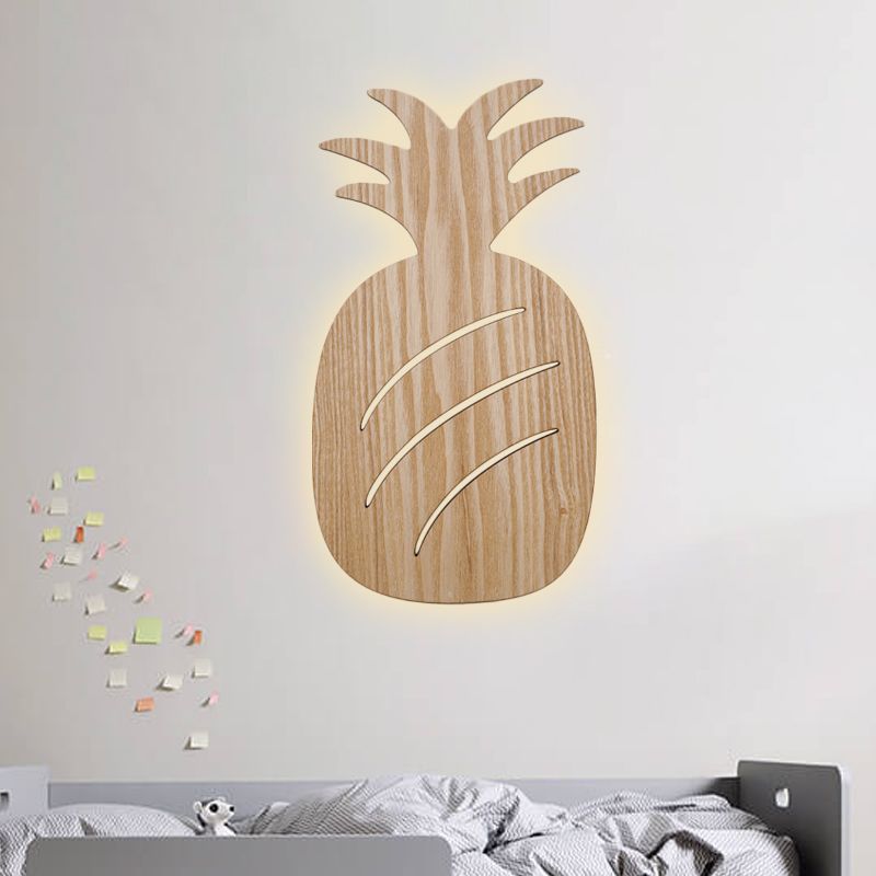 Modern Led Sconce Lighting with Wood Shade Beige Car/Pineapple/Cactus Wall Mounted Light for Bedroom