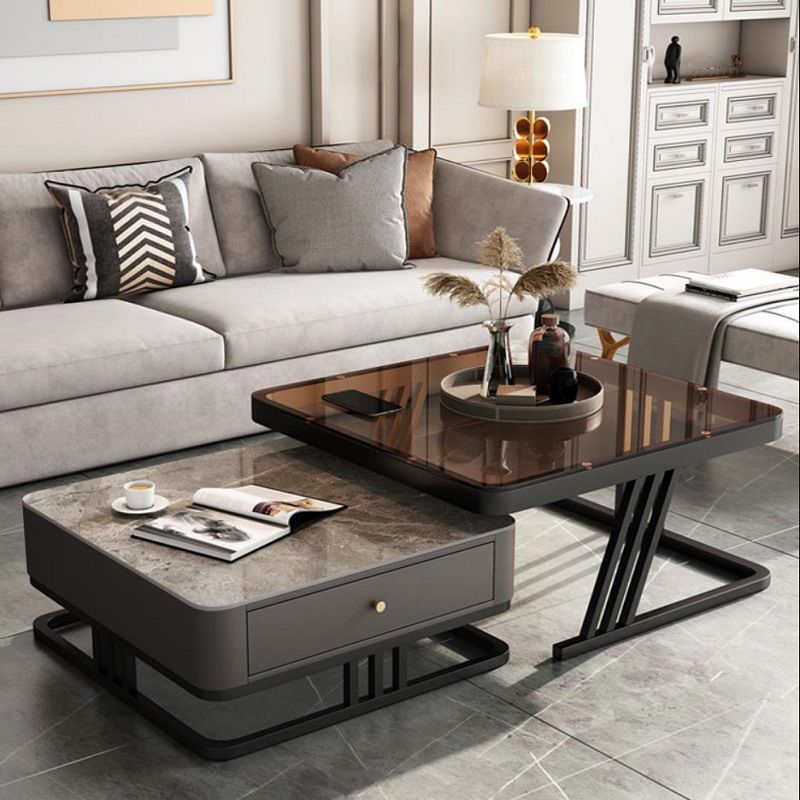 Modern Round Glass / Slate Cocktail Table Steel Frame Coffee Table with Drawer
