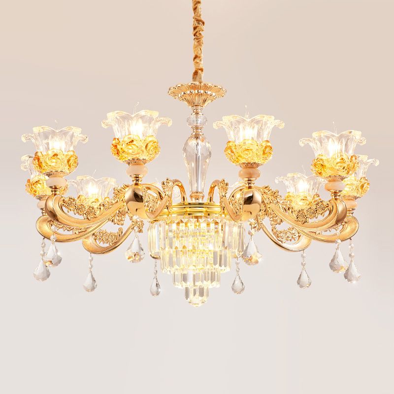 Blossom Crystal Glass Chandelier Antique Style Bedroom Ceiling Hang Light in Gold