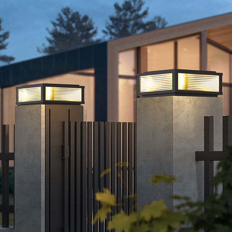 Metal Rectangle Shape Solar Pillar Lamp Modern 1 Light Outdoor Waterproof Light in Black
