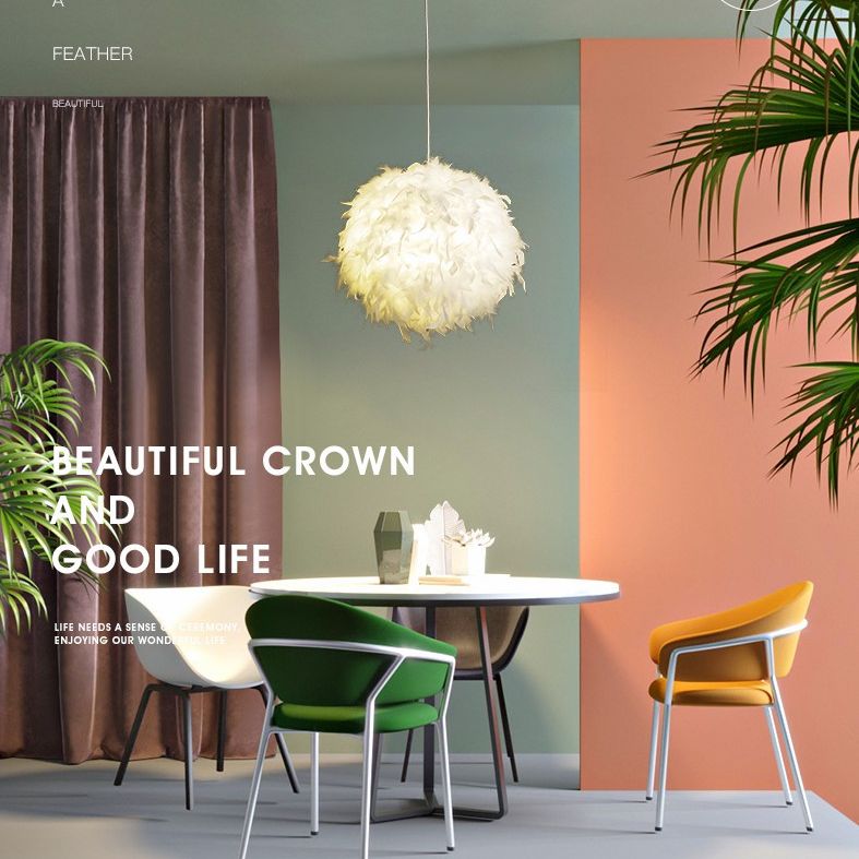 Feather Shaded Suspension Pendant Minimalist 1 Head White Hanging Lamp for Dining Room