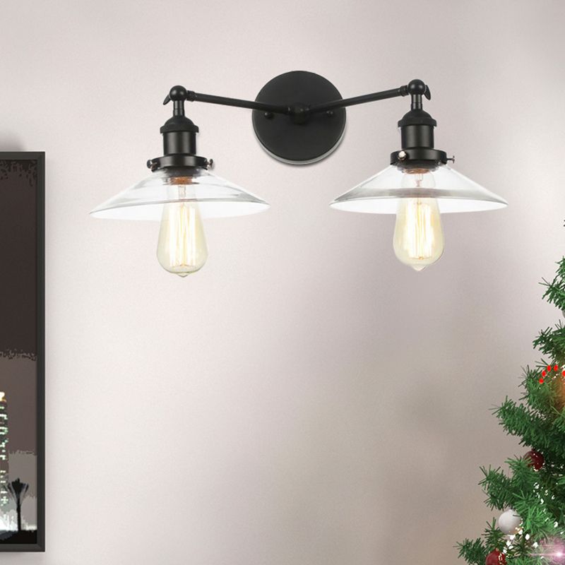 2 Light Living Room Wall Lighting Vintage Black/Brass/Bronze Sconce Light with Saucer Clear Glass Shade