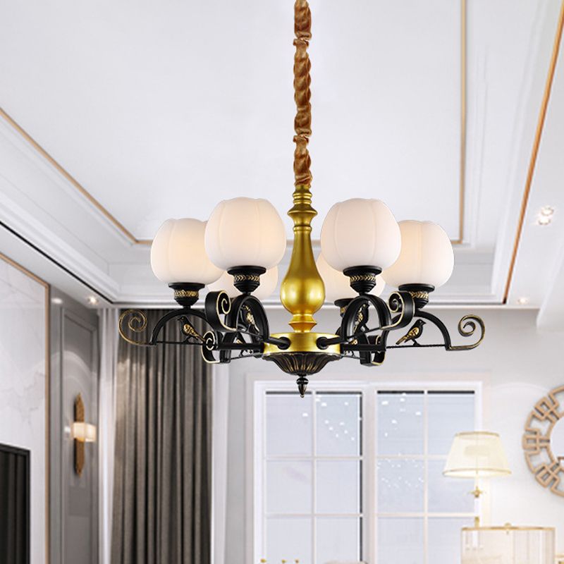 Studio Bloom Studio a pendente lampadario retrò vetro opale a 6 luci nere e oro soffitto con arredamento per uccelli