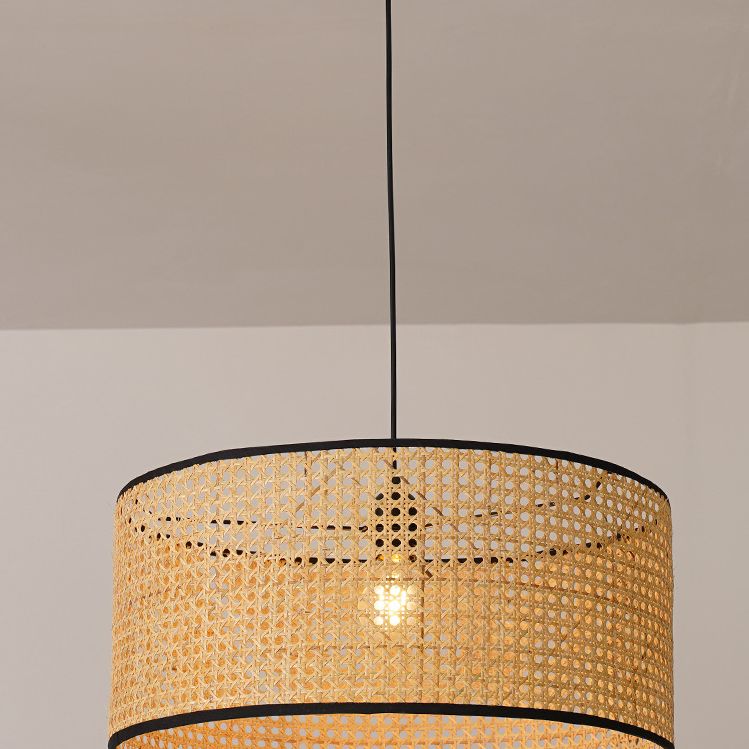 Drum Rattan Schatten Anhänger Hanging Lamp Asia Style 1 Licht hängende Deckenleuchte im Beige für Wohnzimmer