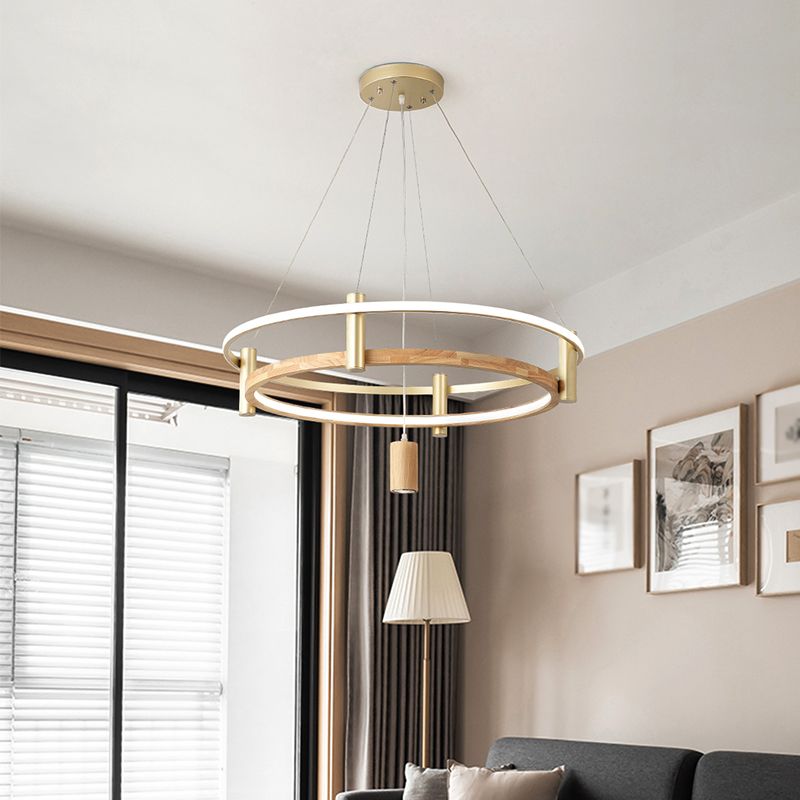 Natural Wood Circle Chandelier Simplicity LED Pendant Light with Spotlight