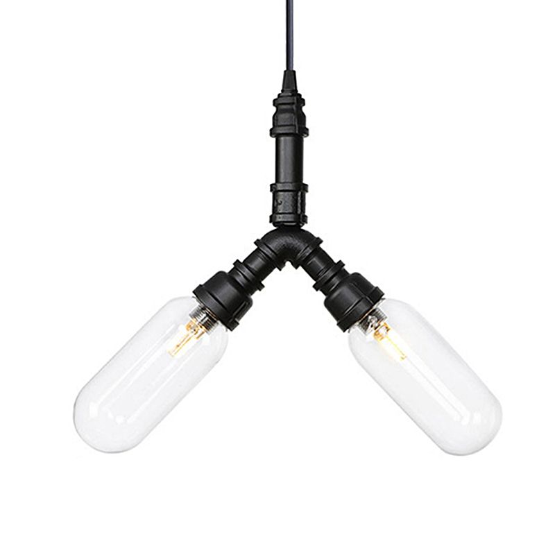 Vintage Water Pipe Chandelier Pendant Light 2/3/4-Light Iron LED Hanging Ceiling Lamp in Black with Capsule Clear Glass Shade