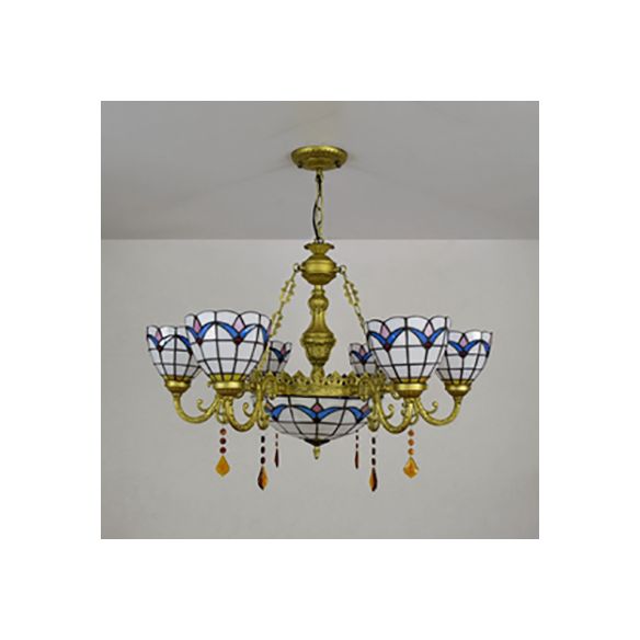 Country Bowl Hanging Pendant Stained Glass 7 Heads Tulip Chandelier in Brass Finish for Living Room
