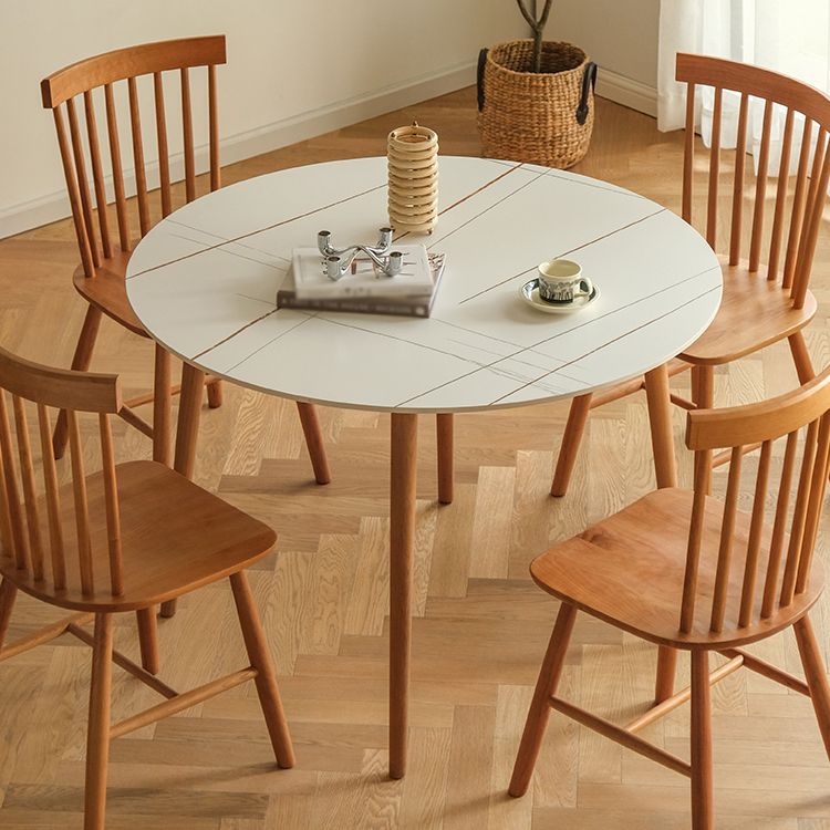 Contemporary Round Dining Table White Sintered Stone Table with 4 Cherry Wood Legs