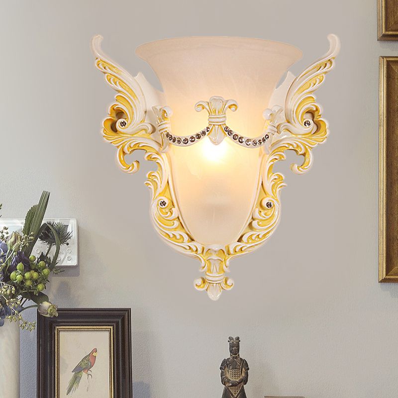 Bell Frosted Glass Wall Sconce Colonial 1 Bulb Living Room Flush Mount Wall Light in White/Gold/White and Gold