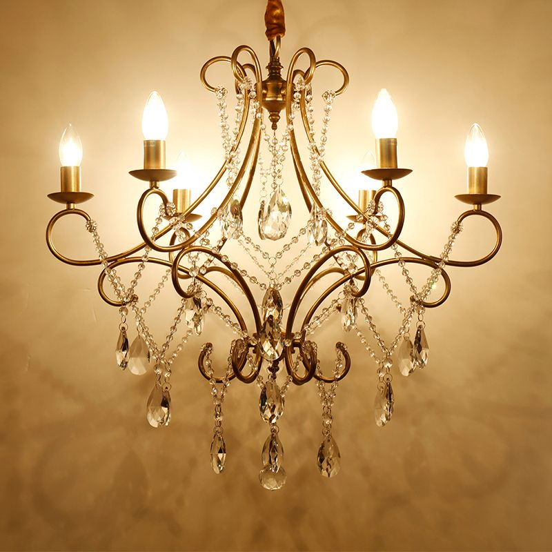 Candlestick kroonluchter lamp eigentijdse metaal 6 lichten gouden plafond hanger met kristal accent