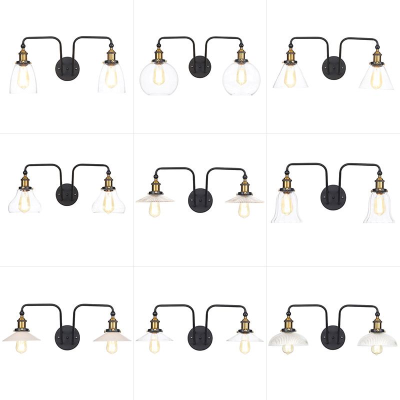 Industrial Conic/Wavy/Flare Sconce Light Glass and Metal Black 2 Bulb Wall Mount Lamp for Indoor