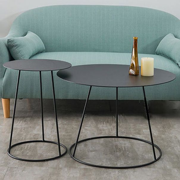Mid-Century Modern Iron Coffee Table Set Black Finish Round Cocktail Table
