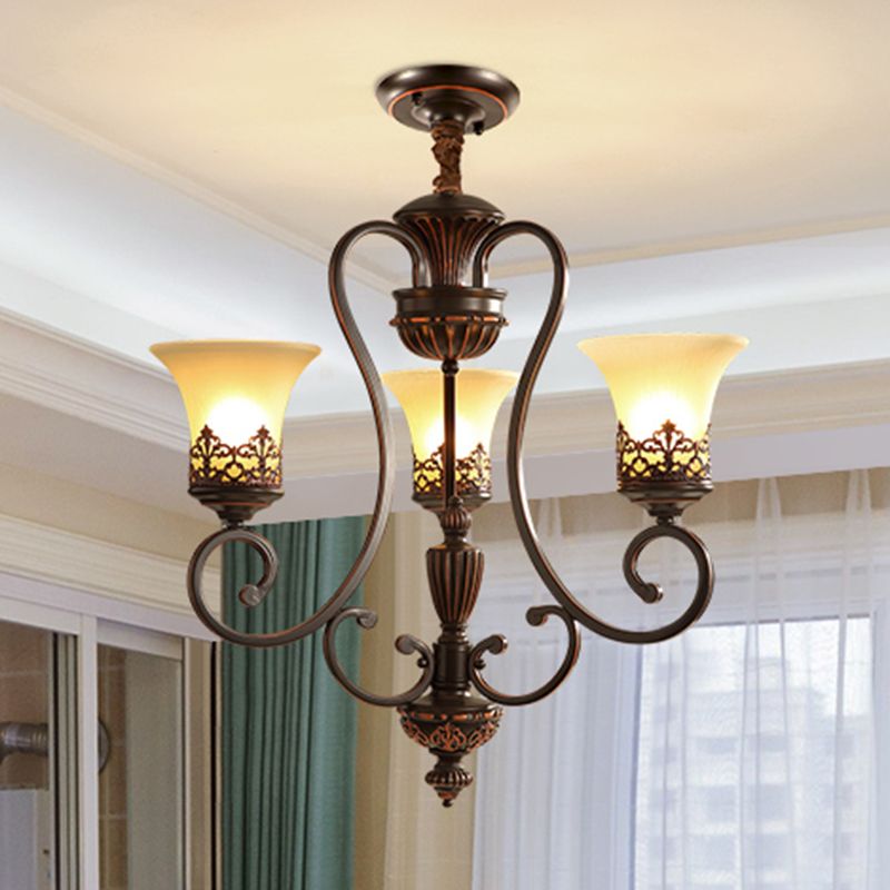 Red-Black Flared Shade Ceiling Lighting Traditional Frosted Glass Living Room Chandelier Light Fixture