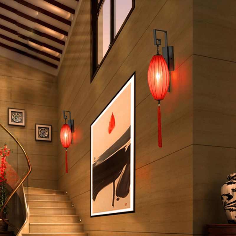 Metal Red Wall Lighting Defecture Oval 1 Light Classic Style Spline para casa de té con sombra de tela