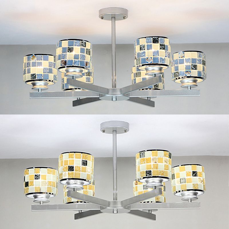 Mosaïque moderne suspendu au plafond 6 lumières Blue / jaune Verre suspendue Chandelier en finition chromée