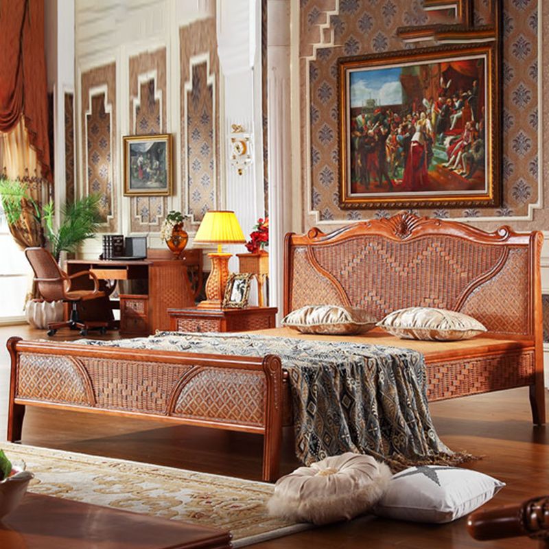 Mid Century Beveled Standard Bed Wicker & Rattan Bed Frame in Natural