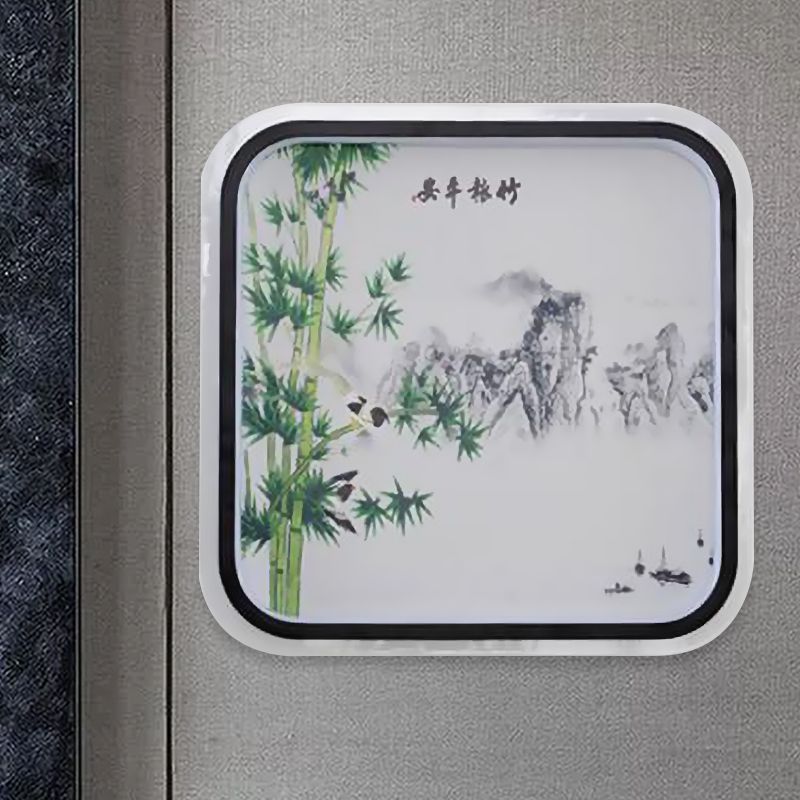 Chinese Style LED Flush Mount Black Leaf/Flower Painting Wall Mural Lighting with Fabric Shade