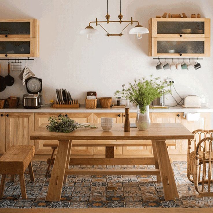 Natural Pine Solid Wood Table Modern Rectangle Trestle Base Table