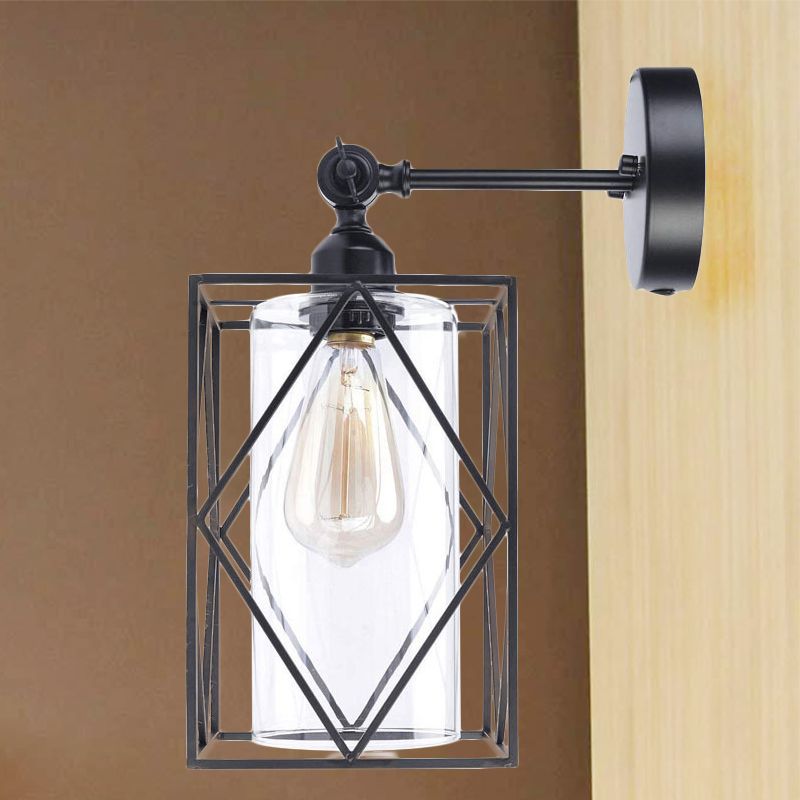 Black Caged Wall Lamp Industrial 1 Head Metal Wall Lighting with Inner Cylinder Clear Glass Shade, Direct Wired Electric/Plug In Electric