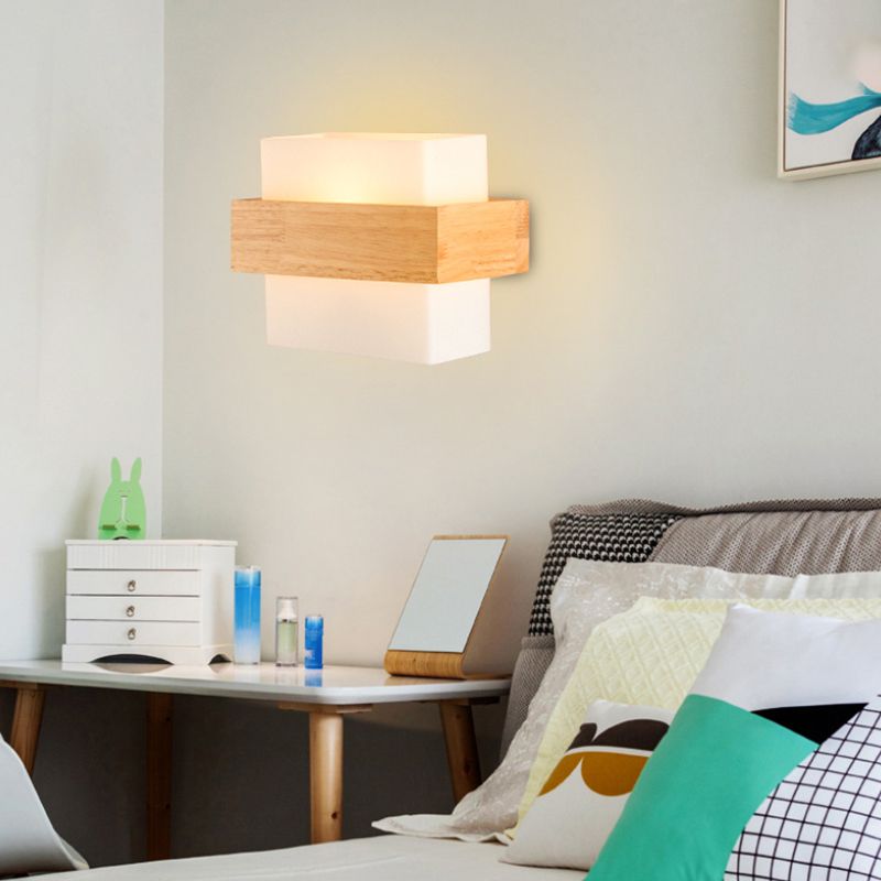 Modern Wood Wall Sconce Rectangle Shape Wall Light with Glass Shade for Living Room