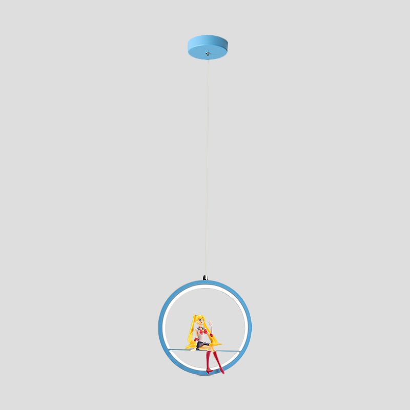 Round Girls Bedroom Pendant Chandelier Metallic LED Cartoon Hanging Light with Girl Decor in Pink/Blue