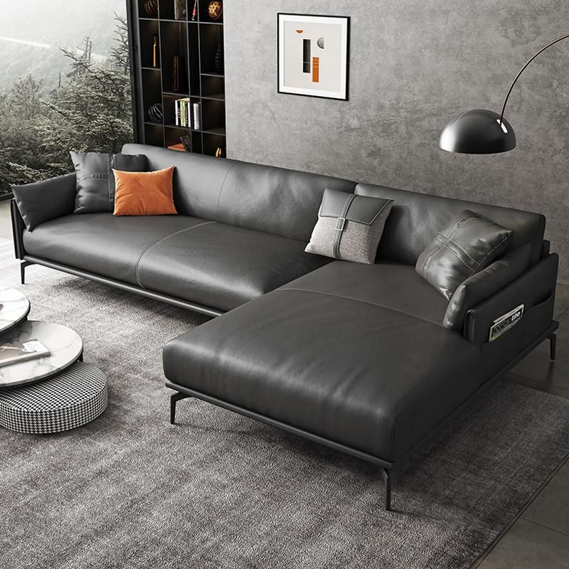 Scandinavian Dark Gray Stain-Resistant Storage Grain Leather Sofa & Chaise