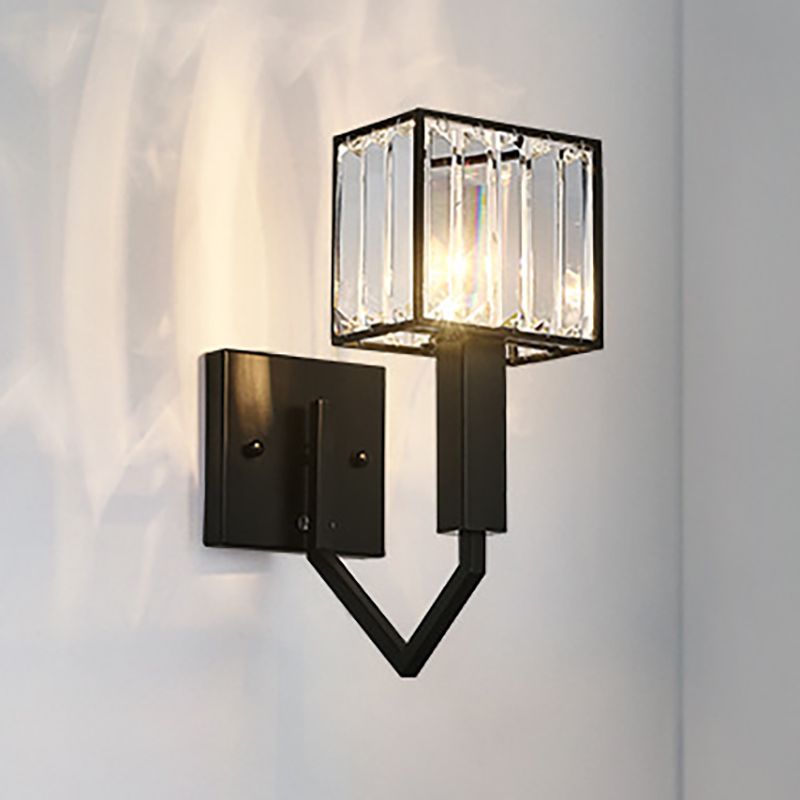Black Finish Rectangle Wall Lamp Modernist Style 1 Light Clear Crystal and Metal Wall Sconce Fixture