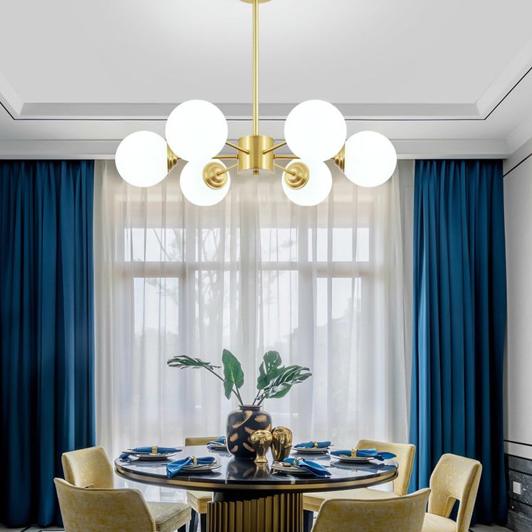 Post-Modern Metal Hanging Chandelier Light Opal Glass Shade  Ceiling Chandelier in Gold for Living Room